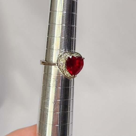 Simulated Heart-Shaped Ruby Silver Ring with CZ - Picture 6 of 8